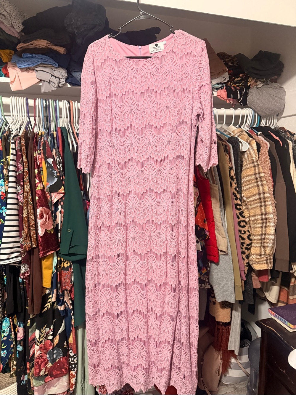 Dainty Jewells Blush Pink Lace Maxi Dress with Three-Quarter Sleeves